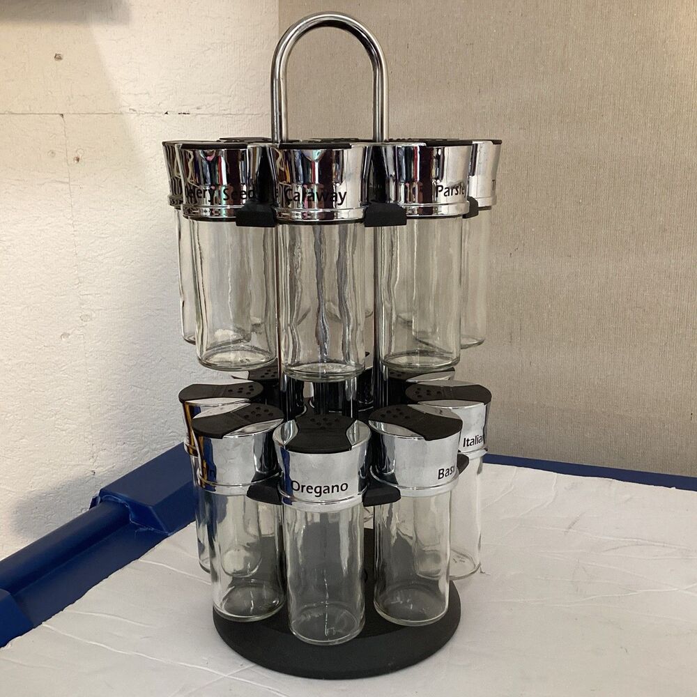 olde thompson spice rack rotating chrome-plated w/16 refillable spice jars
